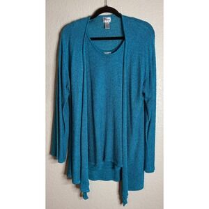 Chicos Womens‎ 3 US XL Teal Blue Knit Cardigan Tank Top Set Textured Preppy